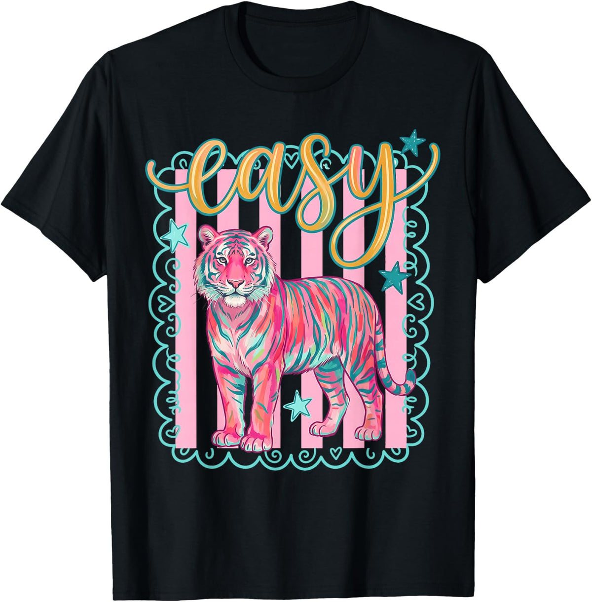 Easy Tiger Retro Pink Striped Tiger Graphic Preppy T-Shirt