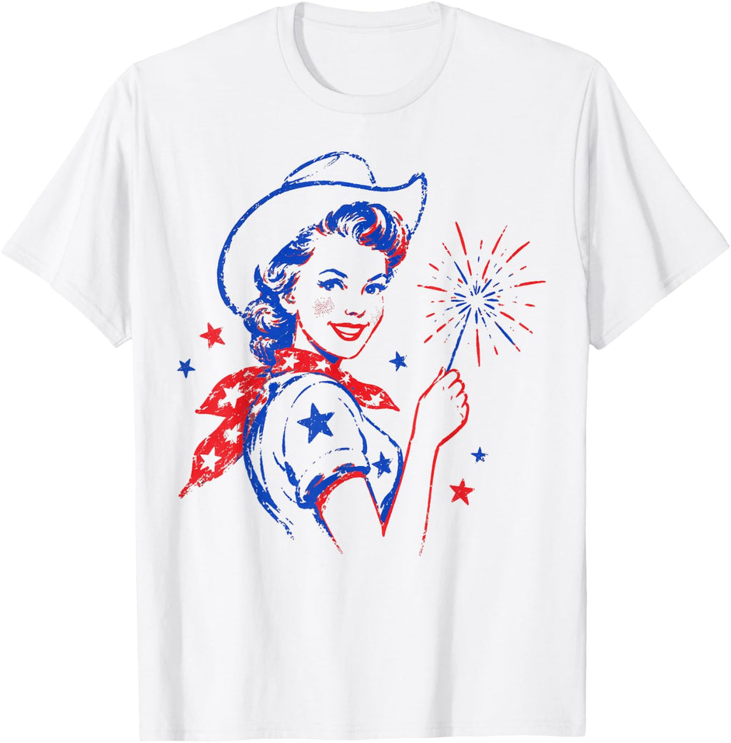 Retro Patriotic Cowgirl Vintage Americana T-Shirt