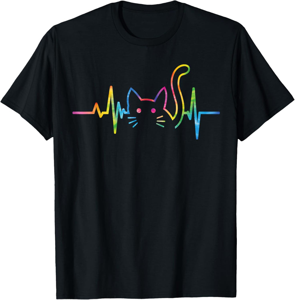 Heartbeat Cat for Women Silhouette Cute Cat Tie Dye Lover T-Shirt