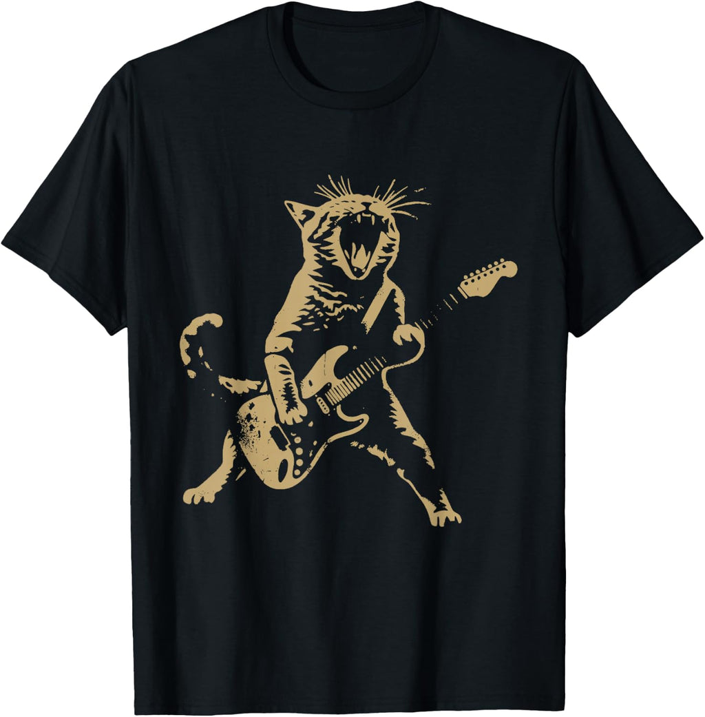 Cat Playing Guitar Rock Star Rock and Roll Men Women Kids T-Shirt
