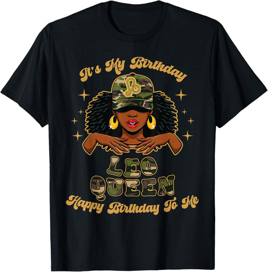 Birthday Leo Queen Camo Black Woman African Zodiac Afro T-Shirt