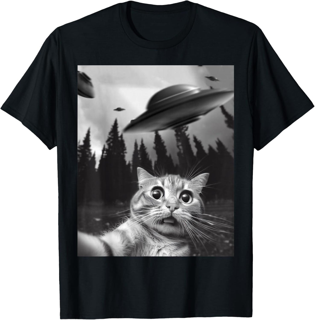 Funny Cat Selfie with UFOs T-Shirt