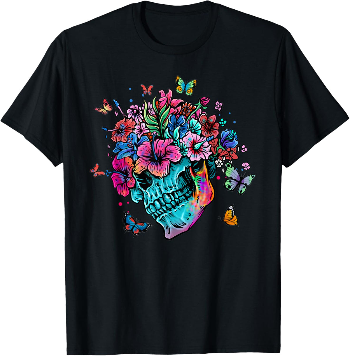 Funny Skeleton Flowers Tulip Sugar Skull Tree Flower Rose T-Shirt