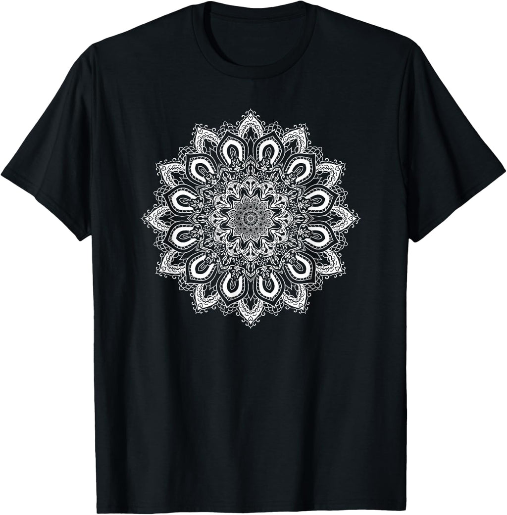 White Ornate Lotus Flower Yoga Mandala T-Shirt