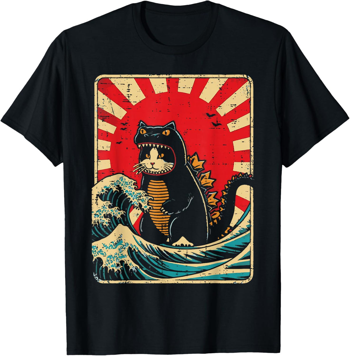 Cat Monster Waves Red Sun Japanese Catzilla Women Men Kids T-Shirt