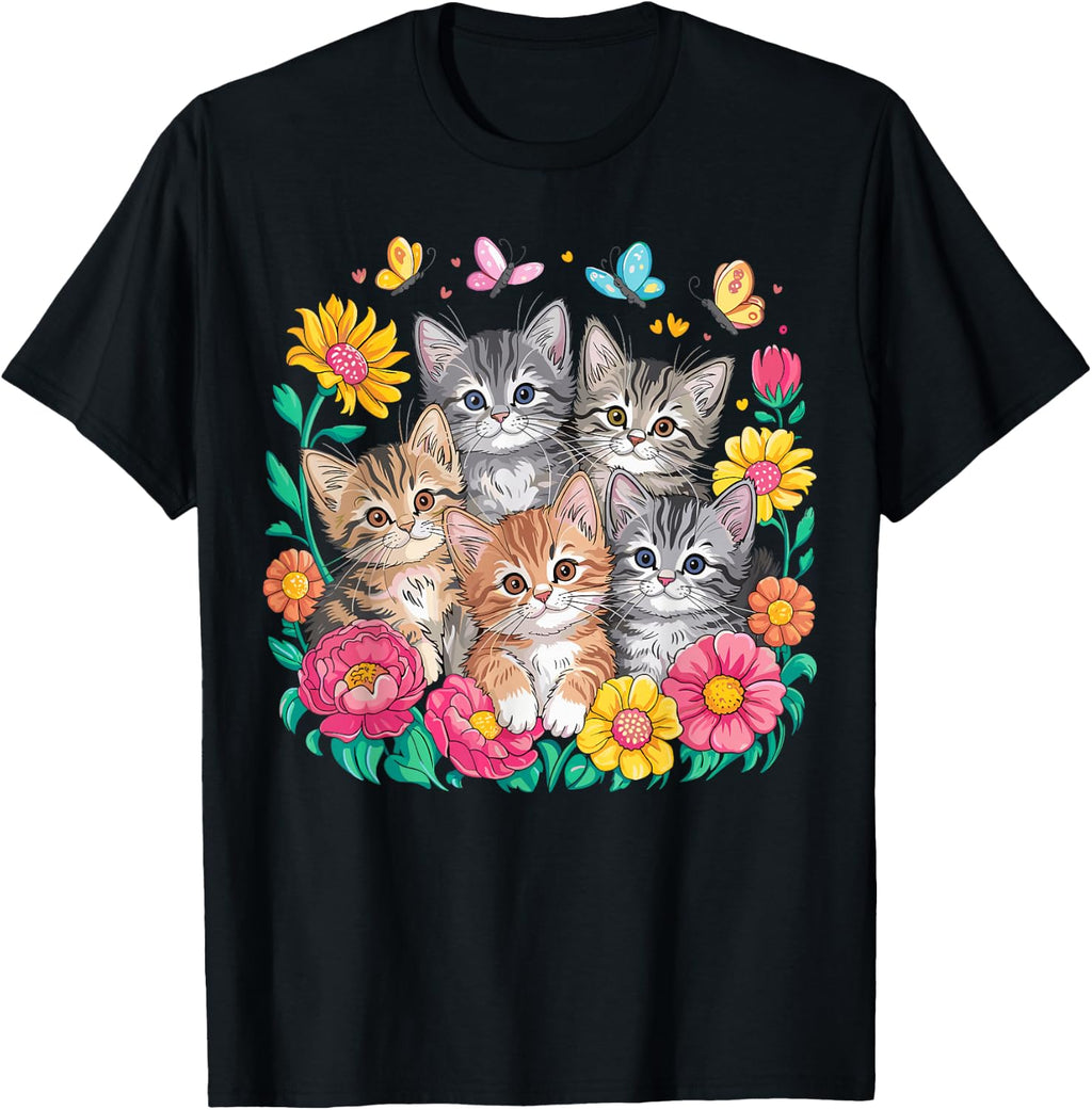 Cat Colorful Kittens Floral Cat T-Shirt