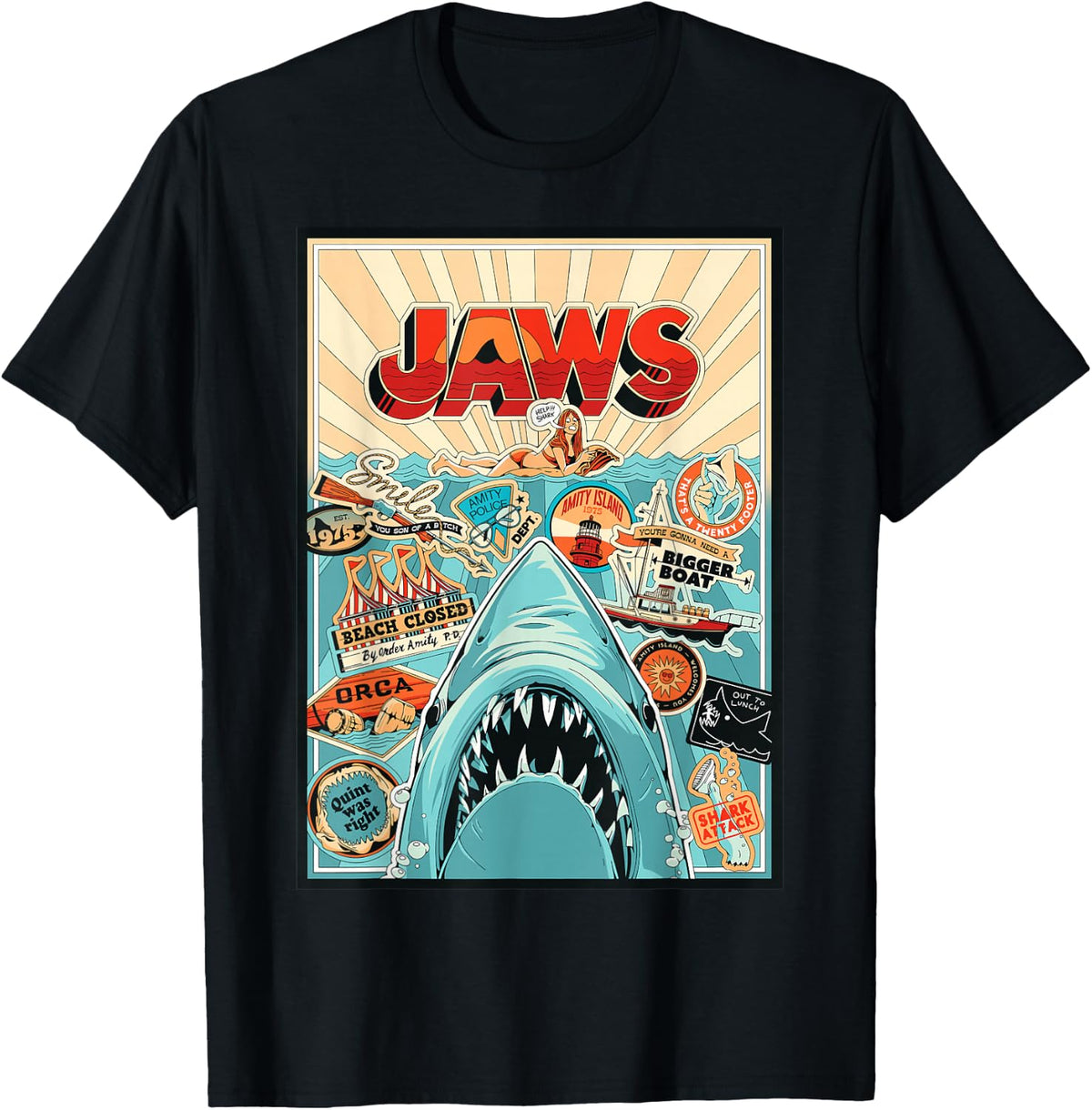 Jaws 50th Anniversary Poster Amity Sticker Collage 2-Sided T-Shirt