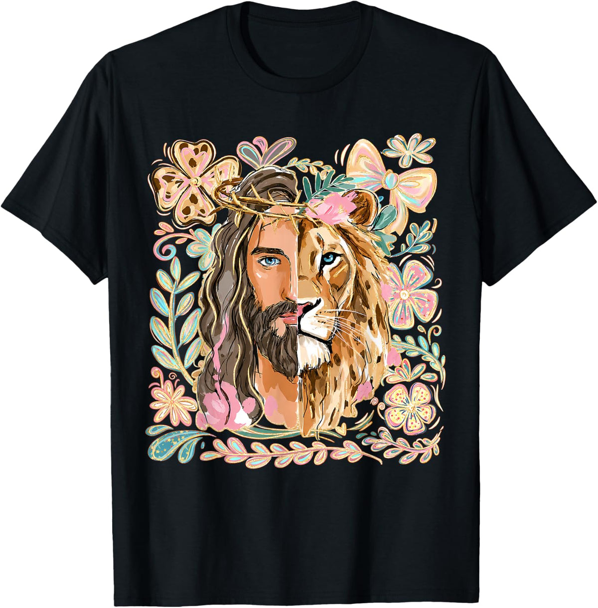 Jesus Lion of Judah Floral Crown of Thorns Christian Faith T-Shirt